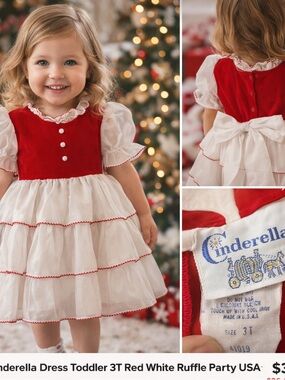 Vintage Cinderella Dress Toddler 3T Red White Ruffle Party USA